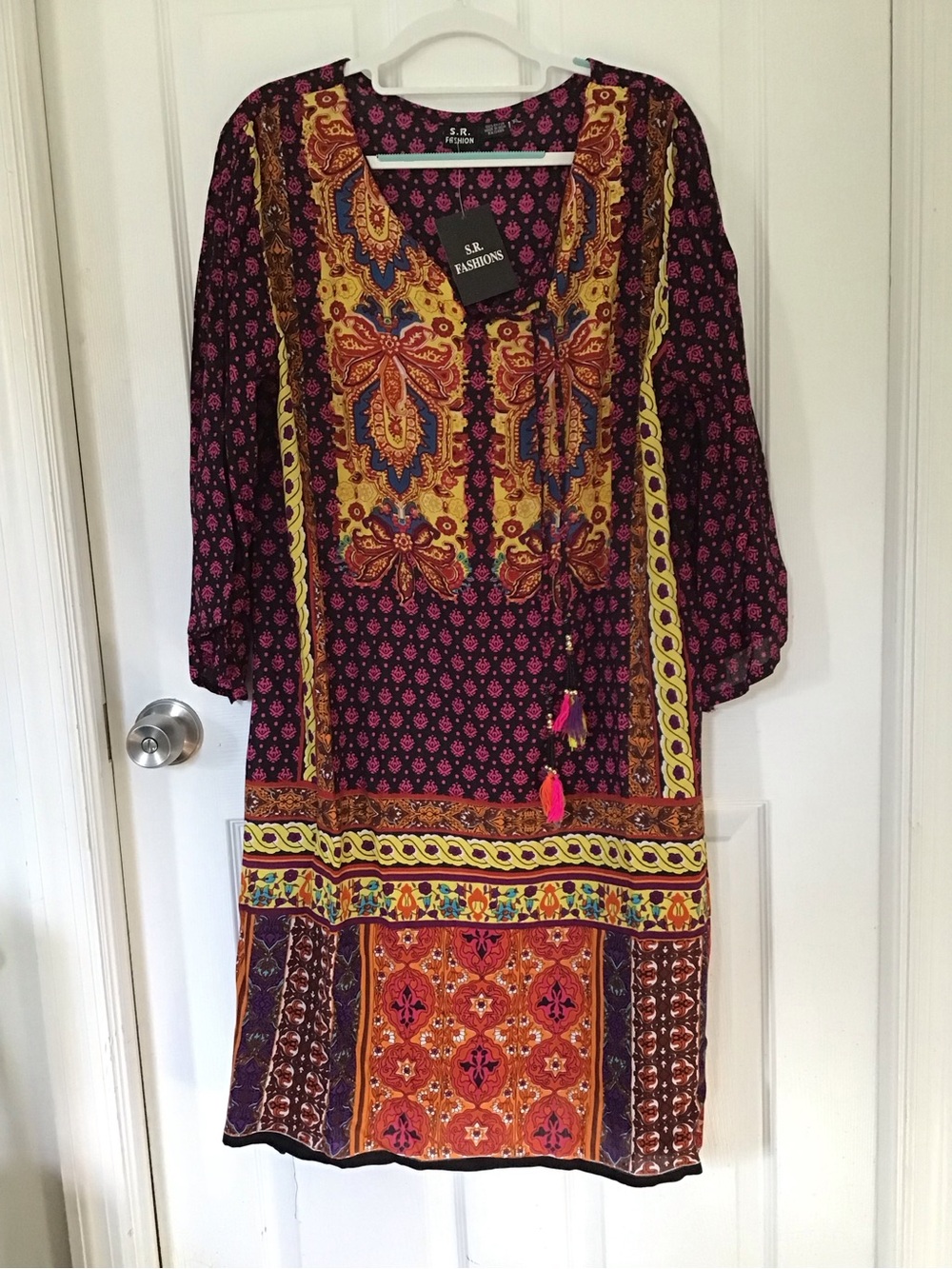 Anandas Collection Purple Multicolor Boho Long Sleeve Dress